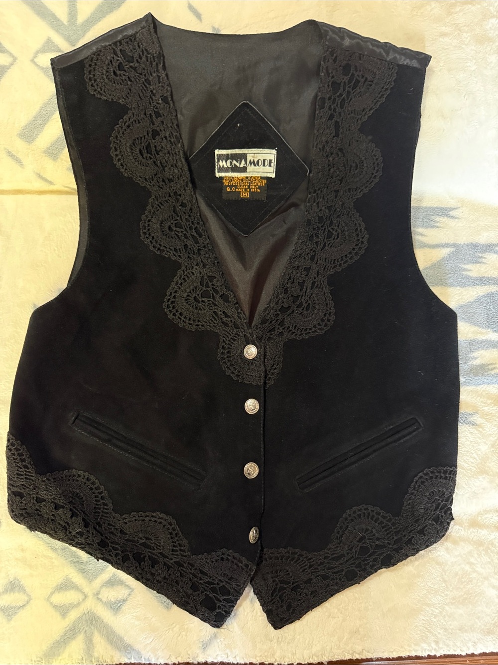 Mona Mode Black Velvet Vest with Lace Trim